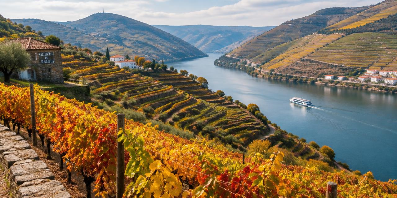 Terraced vineyards along the Douro River in autumn