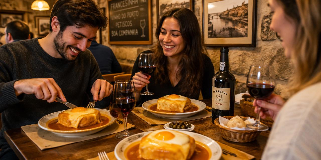 Friends sharing francesinhas and port wine in a cosy Porto restaurant