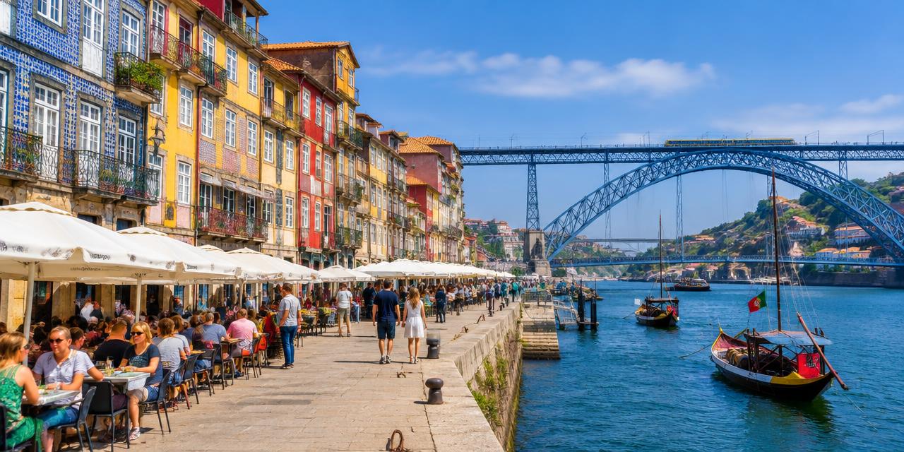 Colourful houses and café terraces on the Ribeira riverfront with the Dom Luís I bridge