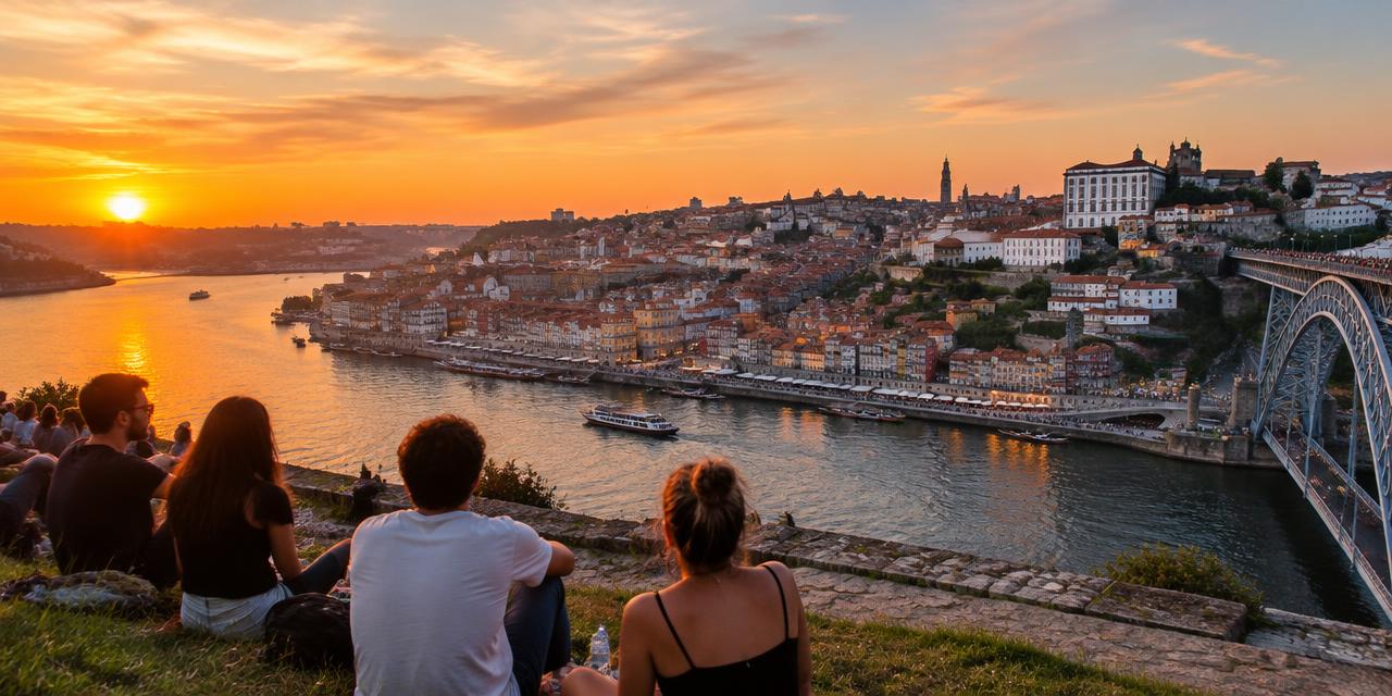 Young people watching the sunset over Porto from the Jardim do Morro