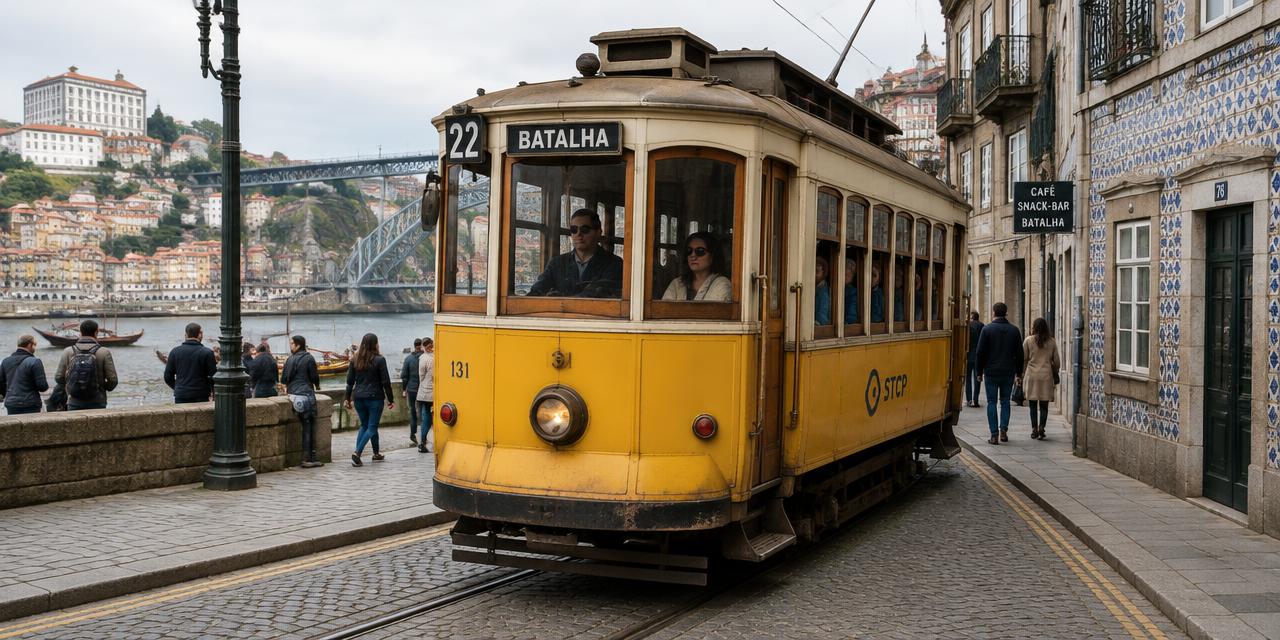 Historic yellow tram on a cobbled street in Porto